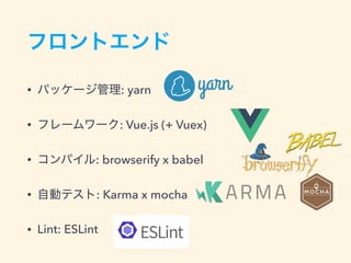 • : yarn
• : Vue.js (+ Vuex)
• : browserify x babel
• : Karma x mocha
• Lint: ESLint
 