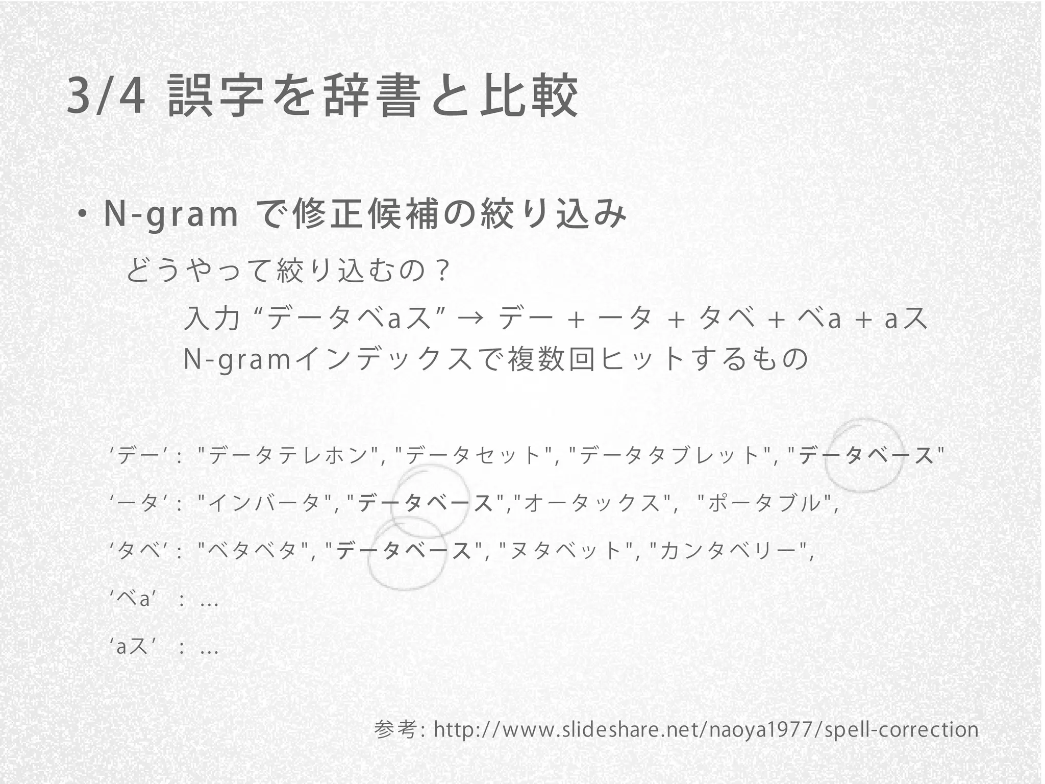 3/ 4 誤字を辞書と比較

・ N -g r am で 修 正 候 補 の 絞 り 込 み
   どうやって絞り込むの？
        入力 データベaス → デー + ータ + タベ + ベa + aス
        N - gr a mイ ン デ ッ ク ス で 複 数 回 ヒ ッ ト す る も の


  デ ー : " デ ー タ テ レ ホ ン " , " デ ー タ セ ッ ト " , " デ ータ タ ブ レ ッ ト " , " デ ー タ ベ ー ス "

  ータ : "インバータ", "データベース","オータックス", "ポータブル",

  タベ : "ベタベタ", "データベース", "ヌタベット", "カンタベリー",

  ベa    : ...

  aス    : ...



                          参 考 : http: / / www.slideshare.net/naoya1977/spell-correction
 