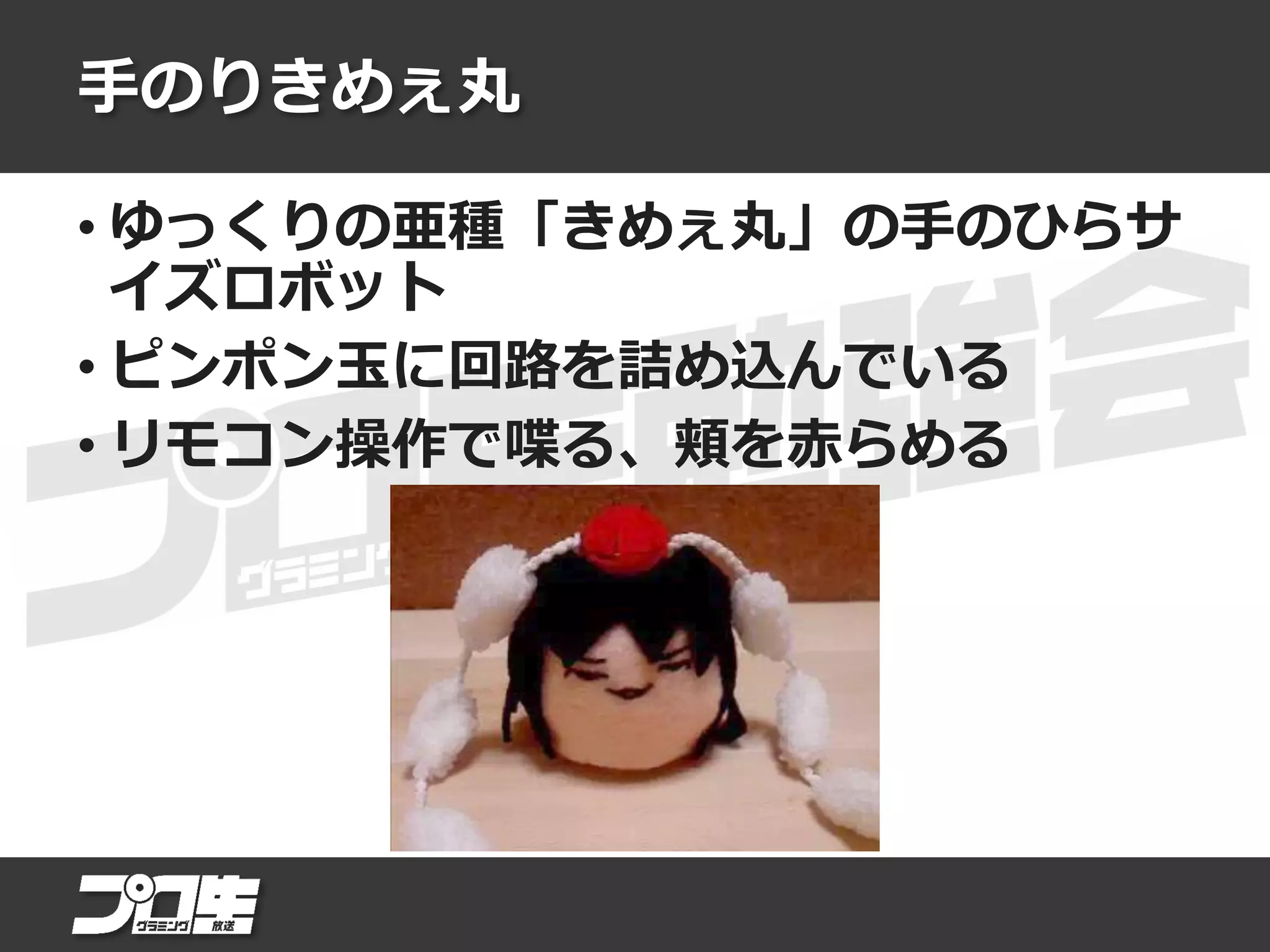 手のりきめぇ丸
• ゆっくりの亜種「きめぇ丸」の手のひらサ
イズロボット
• ピンポン玉に回路を詰め込んでいる
• リモコン操作で喋る、頬を赤らめる
 