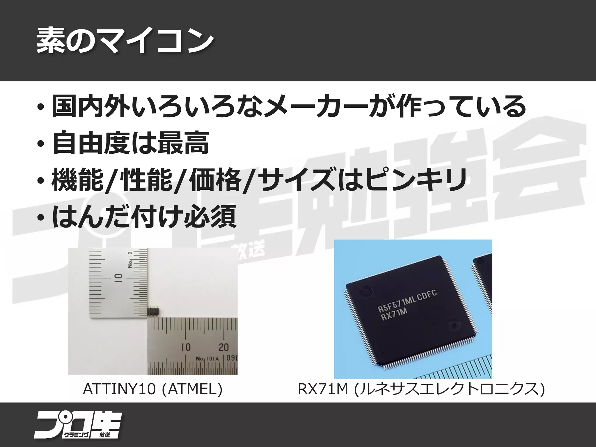 素のマイコン
• 国内外いろいろなメーカーが作っている
• 自由度は最高
• 機能/性能/価格/サイズはピンキリ
• はんだ付け必須
RX71M (ルネサスエレクトロニクス)ATTINY10 (ATMEL)
 