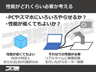 性能がどれくらい必要か考える
• PCやスマホにいろいろやらせるか？
• 性能が低くてもよいか？
性能が低くてもよい
向きの判定と
光らせるLEDの選択のみ
それなりの性能が必要
リアルタイムに画像認識
を行いながらモーター制御
 
