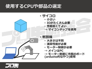 使用するCPUや部品の選定
• サイコロ
• 小さい
• IOがたくさん必要
• 性能低くてよい
→ マイコンチップを使用
• 判別機
• 大きさは不問
• 演算性能が必要
• モーター制御が必要
→ メインはPC
→ モーター制御に市販のボード
(arduino的なやつ)使用
 