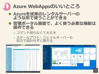 Azure WebAppsのいいところ
 Azureを従来のレンタルサーバーの
ような形で使うことができる
 管理ポータル画面で、よく使う必要な機能は
操作できる
– コマンド知らなくて大丈夫
– スケールアウト・フェイルオーバーも
自力で設計せずに使える
11
 