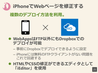 iPhoneでWebページを修正する
 WebAppsはFTP以外にもDropboxでの
デプロイが可能
– 事前にDropboxでデプロイできるように設定
– iPhoneには無料のFTPクライアントがない問題を
これで回避する
 HTMLやCSSの修正ができるエディタとして
「iEditor」を使用 25
✕
複数のデプロイ方法を利用。
 