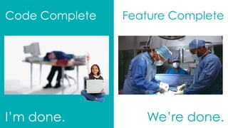 Code Complete
I’m done.
Feature Complete
We’re done.
 
