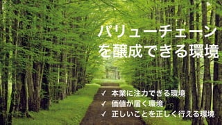 バリューチェーン
を醸成できる環境
✓ 本業に注力できる環境
✓ 価値が届く環境
✓ 正しいことを正しく行える環境
 