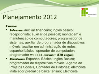 Planejamento 2012
Cursos:
 Inhum auxiliar financeiro; inglês básico;
         as:
  recepcionista; auxiliar de pessoal; montagem e
  manutenção de computadores; programador de
  sistemas; auxiliar de programador de dispositivos
  móveis; auxiliar em administração de redes;
  espanhol básico; operador de computador;
  programador web (11 cursos – 270 vagas)
 Itum biara: Espanhol Básico; Inglês Básico;
  programador de dispositivos móveis; Agente de
  Projetos Sociais, Contador de Histórias; eletricista
  instalador predial de baixa tensão; Eletricista
 