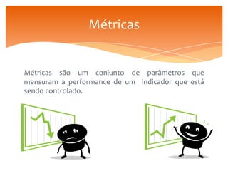 Métricas

Métricas são um conjunto de parâmetros que
mensuram a performance de um indicador que está
sendo controlado.

 