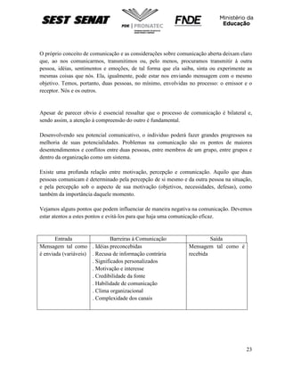 23
O próprio conceito de comunicação e as considerações sobre comunicação aberta deixam claro
que, ao nos comunicarmos, transmitimos ou, pelo menos, procuramos transmitir à outra
pessoa, idéias, sentimentos e emoções, de tal forma que ela saiba, sinta ou experimente as
mesmas coisas que nós. Ela, igualmente, pode estar nos enviando mensagem com o mesmo
objetivo. Temos, portanto, duas pessoas, no mínimo, envolvidas no processo: o emissor e o
receptor. Nós e os outros.
Apesar de parecer obvio é essencial ressaltar que o processo de comunicação é bilateral e,
sendo assim, a atenção à compreensão do outro é fundamental.
Desenvolvendo seu potencial comunicativo, o individuo poderá fazer grandes progressos na
melhoria de suas potencialidades. Problemas na comunicação são os pontos de maiores
desentendimentos e conflitos entre duas pessoas, entre membros de um grupo, entre grupos e
dentro da organização como um sistema.
Existe uma profunda relação entre motivação, percepção e comunicação. Aquilo que duas
pessoas comunicam é determinado pela percepção de si mesmo e da outra pessoa na situação,
e pela percepção sob o aspecto de sua motivação (objetivos, necessidades, defesas), como
também da importância daquele momento.
Vejamos alguns pontos que podem influenciar de maneira negativa na comunicação. Devemos
estar atentos a estes pontos e evitá-los para que haja uma comunicação eficaz.
Entrada Barreiras à Comunicação Saída
Mensagem tal como
é enviada (variáveis)
. Idéias preconcebidas
. Recusa de informação contrária
. Significados personalizados
. Motivação e interesse
. Credibilidade da fonte
. Habilidade de comunicação
. Clima organizacional
. Complexidade dos canais
Mensagem tal como é
recebida
 