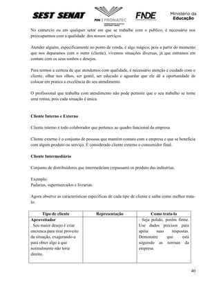 40
No comercio ou em qualquer setor em que se trabalhe com o publico, é necessário nos
preocuparmos com a qualidade dos nossos serviços.
Atender alguém, especificamente no ponto de venda, é algo mágico, pois a partir do momento
que nos deparamos com o outro (cliente), vivemos situações diversas, já que entramos em
contato com os seus sonhos e desejos.
Para termos a certeza de que atendemos com qualidade, é necessário atenção e cuidado com o
cliente, olhar nos olhos, ser gentil, ser educado e aguardar que ele dê a oportunidade de
colocar em pratica a excelência do seu atendimento.
O profissional que trabalha com atendimento não pode permitir que o seu trabalho se torne
uma rotina, pois cada situação é única.
Cliente Interno e Externo
Cliente interno é todo colaborador que pertence ao quadro funcional da empresa.
Cliente externo é o conjunto de pessoas que mantém contato com a empresa e que se beneficia
com algum produto ou serviço. É considerado cliente externo o consumidor final.
Cliente Intermediário
Conjunto de distribuidores que intermedeiam (repassam) os produto das indústrias.
Exemplo:
Padarias, supermercados e livrarias.
Agora observe as características especificas de cada tipo de cliente e saiba como melhor trata-
lo:
Tipo de cliente Representação Como trata-lo
Aproveitador
. Seu maior desejo é criar
encrenca para tirar proveito
da situação, exagerando-a
para obter algo a que
normalmente não teria
direito.
. Seja polido, porém firme.
Use dados precisos para
apóia suas respostas.
Demonstre que está
seguindo as normas da
empresa.
 
