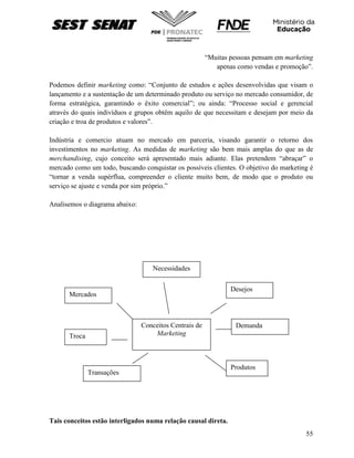 55
“Muitas pessoas pensam em marketing
apenas como vendas e promoção”.
Podemos definir marketing como: “Conjunto de estudos e ações desenvolvidas que visam o
lançamento e a sustentação de um determinado produto ou serviço no mercado consumidor, de
forma estratégica, garantindo o êxito comercial”; ou ainda: “Processo social e gerencial
através do quais indivíduos e grupos obtêm aquilo de que necessitam e desejam por meio da
criação e troa de produtos e valores”.
Indústria e comercio atuam no mercado em parceria, visando garantir o retorno dos
investimentos no marketing. As medidas de marketing são bem mais amplas do que as de
merchandising, cujo conceito será apresentado mais adiante. Elas pretendem “abraçar” o
mercado como um todo, buscando conquistar os possíveis clientes. O objetivo do marketing é
“tornar a venda supérflua, compreender o cliente muito bem, de modo que o produto ou
serviço se ajuste e venda por sim próprio.”
Analisemos o diagrama abaixo:
Tais conceitos estão interligados numa relação causal direta.
Conceitos Centrais de
Marketing
Necessidades
Mercados
Desejos
Troca
Transações
Demanda
Produtos
 