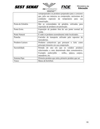 88
semipreparados ou produtos preparados para o consumo
que, pela sua natureza ou composição, necessitam de
condições especiais de temperatura para sua
conservação.
Ponta de Gôndola São as extremidades de gôndola, utilizadas para
exposição de produtos em promoção.
Ponto Extra Exposição de produto fora de seu ponto normal de
venda.
Ponto Natural É onde os produtos normalmente estão localizados.
Prancha Carrinho de transporte utilizado pelo repositor de
mercadorias.
Produtos Lácteos Produtos comestíveis que possuem o leite como
principal elemento em sua composição.
Sazonalidade Período do ano em que se vendem produtos
relacionados a uma determinada data comemorativa.
Exemplo: junho/julho – milho,, pipoca, canjica,
amendoim, etc.
Sistema Peps Primeiro produto que entra, primeiro produto que sai.
Vasca Banca de hortifruti.
 