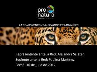 Representante ante la Red: Alejandra Salazar
Suplente ante la Red: Paulina Martínez
Fecha: 16 de julio de 2012
LA CONSERVACIÓN LA LLEVAMOS EN LAS RAÍCES
 