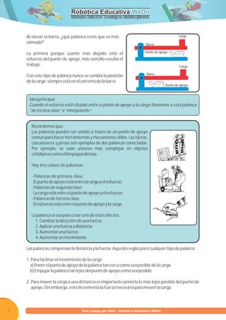 Robótica Educativa WeDo
                             Materiales Didácticos Tecnológicos Multidisciplinarios


    Al elevar la barra, ¿qué palanca crees que es más                                               Carga
    cómoda?                                                                     Barra

    La primera porque cuanto más alejado está el                                Punto de apoyo

    esfuerzo del punto de apoyo, más sencillo resulta el
    trabajo.                                                                                        Carga

                                                                                 Barra
    Con este tipo de palanca nunca se cambia la posición
    de la carga: siempre está en el extremo de la barra.
                                                                                            Punto de apoyo



     Idea principal
     Cuando el esfuerzo está situado entre el punto de apoyo y la carga llamamos a esta palanca
     "de tercera clase" o “interpotente”.


      Recordemos que:
      Las palancas pueden ser unidas a través de un punto de apoyo
      común para hacer herramientas y mecanismos útiles. Las tijeras,
      cascanueces y pinzas son ejemplos de dos palancas conectadas.
      Por ejemplo, se usan uniones más complejas en objetos
      cotidianos como el limpiaparabrisas.

      Hay tres clases de palancas:

      - Palancas de primera clase
       El punto de apoyo está entre la carga y el esfuerzo.
      - Palancas de segunda clase
       La carga está entre el punto de apoyo y el esfuerzo.
      - Palancas de tercera clase
       El esfuerzo está entre el punto de apoyo y la carga.

      La palanca se usa para crear uno de estos efectos:
        1. Cambiar la dirección de una fuerza.
        2. Aplicar una fuerza a distancia.
        3. Aumentar una fuerza.
        4. Aumentar un movimiento.

    Las palancas compensan la distancia y la fuerza. Aquí dos reglas para cualquier tipo de palanca:

    1. Para facilitar el movimiento de la carga:
      a) Poner el punto de apoyo de la palanca tan cerca como sea posible de la carga.
      b) Empujar la palanca tan lejos del punto de apoyo como sea posible.

    2. Para mover la carga a una distancia es importante ponerla lo más lejos posible del punto de
       apoyo. Sin embargo, esto incrementa la fuerza necesaria para mover la carga.




3                        Programa U Laptop por Niño - Robótica Educativa WeDo
                                  una
 