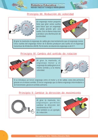 Robótica Educativa WeDo
                         Materiales Didácticos Tecnológicos Multidisciplinarios


                    Principio III: Reducción de velocidad

                                 Un engranaje motor pequeño
                                 tiene que girar varias vueltas
                                 para hacer que un engranaje
                                 de salida grande gire una
                                 vuelta. Esto se llama reducción
                                 y produce una disminución de
                                 la velocidad.

    Al girar la manivela el engranaje de salida gira más lentamente que el engranaje motor.
    Cinco vueltas del engranaje motor de 8 dientes producen una vuelta en el engranaje
    transmisor de 40 dientes (40/8). Por lo tanto, la relación de engranaje es de 5/1.


            Principio IV: Cambio del sentido de rotación

                                  Al girar la manivela, el
                                  engranaje motor y el
                                  engranaje de salida giran en el
                                  mismo sentido y a la misma
                                  velocidad.



    Si se introduce un tercer engranaje entre el motor y el de salida, estos dos primeros
    girarán en el mismo sentido. El tercer engranaje que se llama engranaje intermediario o
    de transmisión, girará en sentido contrario.



          Principio V: Cambiar la dirección de movimiento

                                  Al girar la manivela, los
                                  engranajes permiten
                                  cambiar la dirección del
                                  movimiento en 90°.
                                  Esto también es un ejemplo
                                  de reducción.




7                     Programa U Laptop por Niño - Robótica Educativa WeDo
                               una
 