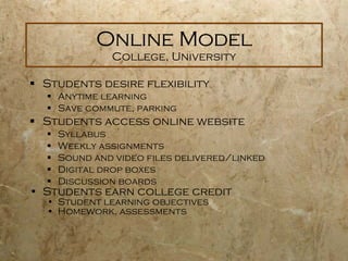 Online Model College, University Students desire flexibility Anytime learning Save commute, parking Students access online website Syllabus  Weekly assignments Sound and video files delivered/linked Digital drop boxes Discussion boards Students earn college credit Student learning objectives Homework, assessments 