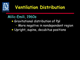 Ventilation Distribution Milic-Emili, 1960s    Gravitational distribution of Ppl -  More negative in nondependent region    Upright, supine, decubitus positions Denver Health 