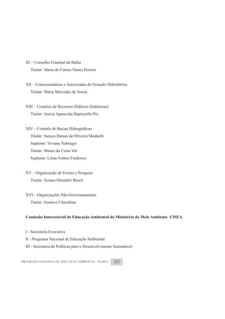 XI – Conselho Estadual da Bahia
     Titular: Maria do Carmo Nunes Pereira


  XII – Concessionárias e Autorizadas de Geração Hidrelétrica
     Titular: Maria Mercedes de Souza


  XIII – Usuários de Recursos Hídricos (Indústrias)
     Titular: Anicia Aparecida Baptistello Pio




     Titular: Suraya Damas de Oliveira Modaelli
     Suplente: Viviane Nabinger
     Titular: Mauro da Costa Val
     Suplente: Lilian Fontes Frederico


  XV – Organização de Ensino e Pesquisa
     Titular: Synara Olendzki Broch


  XVI – Organizações Não-Governamentais
     Titular: Gustavo Cherubine


  Comissão Intersetorial de Educação Ambiental do Ministério do Meio Ambiente CISEA


  I - Secretaria-Executiva
  II - Programa Nacional de Educação Ambiental
  III - Secretaria de Políticas para o Desenvolvimento Sustentável


PROGRAMA NACIONAL DE EDUCAÇÃO AMBIENTAL - ProNEA      100
 