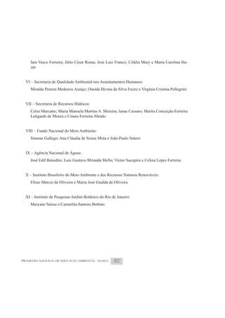 Iara Vasco Ferreira; Júlio César Roma; José Luiz Franco; Cilúlia Mury e Maria Carolina Ha-
     zin


  VI – Secretaria de Qualidade Ambiental nos Assentamentos Humanos:
     Miralda Pereira Medeiros Araújo; Oneida Divina da Silva Freire e Virgínia Cristina Pellegrini


  VII – Secretaria de Recursos Hídricos:
     Celso Marcatto; Maria Manoela Martins A. Moreira; Ianae Cassaro; Marita Conceição Ferreira
     Luitgards de Moura e Cinara Ferreira Abraão


  VIII – Fundo Nacional do Meio Ambiente:
     Simone Gallego; Ana Cláudia de Souza Mota e João Paulo Sotero


  IX – Agência Nacional de Águas:
     José Edil Benedito; Luis Gustavo Miranda Mello; Victor Sucupira e Celina Lopes Ferreira


  X – Instituto Brasileiro do Meio Ambiente e dos Recursos Naturais Renováveis:
     Elísio Márcio de Oliveira e Maria José Gualda de Oliveira


  XI – Instituto de Pesquisas Jardim Botânico do Rio de Janeiro:
     Maryane Saisse e Carmelita Santoro Bottino




PROGRAMA NACIONAL DE EDUCAÇÃO AMBIENTAL - ProNEA      102
 