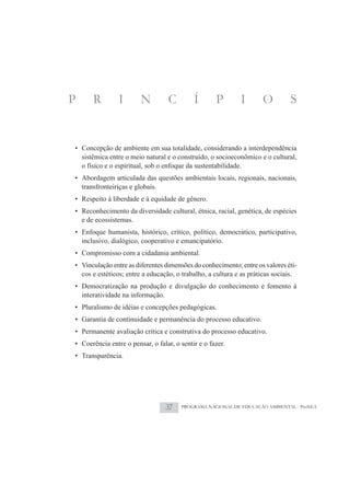 P     R         I       N         C         Í       P       I       O         S


• Concepção de ambiente em sua totalidade, considerando a interdependência
  sistêmica entre o meio natural e o construído, o socioeconômico e o cultural,
  o físico e o espiritual, sob o enfoque da sustentabilidade.
• Abordagem articulada das questões ambientais locais, regionais, nacionais,
  transfronteiriças e globais.
• Respeito à liberdade e à equidade de gênero.
• Reconhecimento da diversidade cultural, étnica, racial, genética, de espécies
  e de ecossistemas.
• Enfoque humanista, histórico, crítico, político, democrático, participativo,
  inclusivo, dialógico, cooperativo e emancipatório.
• Compromisso com a cidadania ambiental.
• Vinculação entre as diferentes dimensões do conhecimento; entre os valores éti-
  cos e estéticos; entre a educação, o trabalho, a cultura e as práticas sociais.
• Democratização na produção e divulgação do conhecimento e fomento à
  interatividade na informação.
• Pluralismo de idéias e concepções pedagógicas.
• Garantia de continuidade e permanência do processo educativo.
• Permanente avaliação crítica e construtiva do processo educativo.
• Coerência entre o pensar, o falar, o sentir e o fazer.
• Transparência.




                                 37    PROGRAMA NACIONAL DE EDUCAÇÃO AMBIENTAL - ProNEA
 