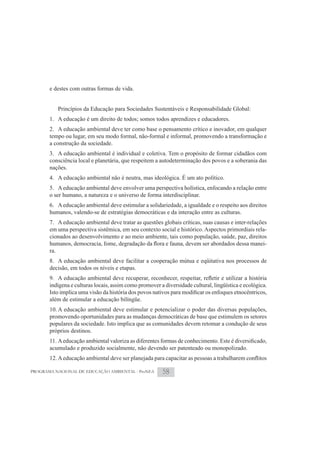 e destes com outras formas de vida.


          Princípios da Educação para Sociedades Sustentáveis e Responsabilidade Global:
       1. A educação é um direito de todos; somos todos aprendizes e educadores.
       2. A educação ambiental deve ter como base o pensamento crítico e inovador, em qualquer
       tempo ou lugar, em seu modo formal, não-formal e informal, promovendo a transformação e
       a construção da sociedade.
       3. A educação ambiental é individual e coletiva. Tem o propósito de formar cidadãos com
       consciência local e planetária, que respeitem a autodeterminação dos povos e a soberania das
       nações.
       4. A educação ambiental não é neutra, mas ideológica. É um ato político.
       5. A educação ambiental deve envolver uma perspectiva holística, enfocando a relação entre
       o ser humano, a natureza e o universo de forma interdisciplinar.
       6. A educação ambiental deve estimular a solidariedade, a igualdade e o respeito aos direitos
       humanos, valendo-se de estratégias democráticas e da interação entre as culturas.
       7. A educação ambiental deve tratar as questões globais críticas, suas causas e inter-relações
       em uma perspectiva sistêmica, em seu contexto social e histórico. Aspectos primordiais rela-
       cionados ao desenvolvimento e ao meio ambiente, tais como população, saúde, paz, direitos
                                                                                                    -
       ra.
       8. A educação ambiental deve facilitar a cooperação mútua e eqüitativa nos processos de
       decisão, em todos os níveis e etapas.

       indígena e culturas locais, assim como promover a diversidade cultural, lingüística e ecológica.

       além de estimular a educação bilíngüe.
       10. A educação ambiental deve estimular e potencializar o poder das diversas populações,
       promovendo oportunidades para as mudanças democráticas de base que estimulem os setores
       populares da sociedade. Isto implica que as comunidades devem retomar a condução de seus
       próprios destinos.

       acumulado e produzido socialmente, não devendo ser patenteado ou monopolizado.


PROGRAMA NACIONAL DE EDUCAÇÃO AMBIENTAL - ProNEA        58
 
