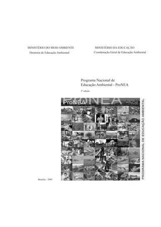 MINISTÉRIO DO MEIO AMBIENTE                    MINISTÉRIO DA EDUCAÇÃO
 Diretoria de Educação Ambiental               Coordenação Geral de Educação Ambiental




                                   Programa Nacional de
                                   Educação Ambiental - ProNEA
                                   3ª edição




       Brasília - 2005
 