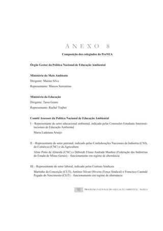A N E X O                          8
                           Composição dos colegiados do ProNEA


Órgão Gestor da Política Nacional de Educação Ambiental


Ministério do Meio Ambiente
Dirigente: Marina Silva
Representante: Marcos Sorrentino


Ministério da Educação
Dirigente: Tarso Genro
Representante: Rachel Trajber


Comitê Assessor da Política Nacional de Educação Ambiental
I – Representante do setor educacional ambiental, indicado pelas Comissões Estaduais Interinsti-
   tucionais de Educação Ambiental
   Maria Ludetana Araújo


II – Representante do setor patronal, indicado pelas Confederações Nacionais da Indústria (CNI),
    do Comércio (CNC) e da Agricultura
   Aline Pinto de Almeida (CNC) e Déborah Eliane Andrade Munhoz (Federação das Indústrias
   do Estado de Minas Gerais) – funcionamento em regime de alternância


III – Representante do setor laboral, indicado pelas Centrais Sindicais
   Martinho da Conceição (CUT), Antônio Silvan Oliveira (Força Sindical) e Francisco Canindé
   Pegado do Nascimento (CGT) – funcionamento em regime de alternância



                                       95    PROGRAMA NACIONAL DE EDUCAÇÃO AMBIENTAL - ProNEA
 