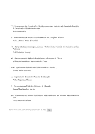 IV – Representante das Organizações Não-Governamentais, indicado pela Associação Brasileira
    de Organizações Não-Governamentais
     Sem representação


  V – Representante do Conselho Federal da Ordem dos Advogados do Brasil
     Maria Artemísia Arraes do Hermans


  VI – Representante dos municípios, indicado pela Associação Nacional dos Municípios e Meio
    Ambiente
     José Contantino Sommer


  VII – Representante da Sociedade Brasileira para o Progresso da Ciência
     Waldinete Conceição do Socorro Oliveira Costa


  VIII – Representante do Conselho Nacional do Meio Ambiente
     Walmir Pereira do Carmo


  IX – Representante do Conselho Nacional de Educação
     Arthur Roquete de Macedo


  X – Representante da União dos Dirigentes de Educação
     Sandra Mara Bortolotti Martins


  XI – Representante do Instituto Brasileiro do Meio Ambiente e dos Recursos Naturais Renová-
    veis
     Elisio Márcio de Oliveira




PROGRAMA NACIONAL DE EDUCAÇÃO AMBIENTAL - ProNEA     96
 