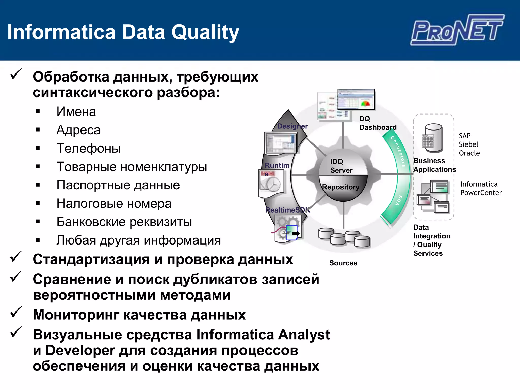 Informatica Data Quality

 Обработка данных, требующих
   синтаксического разбора:
      Имена                                              DQ
      Адреса                       Designer              Dashboard
                                                                                     SAP
                                                                                     Siebel
      Телефоны                                                                      Oracle
                                                 IDQ                  Business
      Товарные номенклатуры     Runtim
                                 Runti
                                 e
                                                 Server               Applications
                                 me
      Паспортные данные                       Repository                            Informatica
                                                                                     PowerCenter
      Налоговые номера          RealtimeSDK
      Банковские реквизиты                                           Data

      Любая другая информация                                        Integration
                                                                      / Quality

 Стандартизация и проверка данных              Sources
                                                                      Services


 Сравнение и поиск дубликатов записей
  вероятностными методами
 Мониторинг качества данных
 Визуальные средства Informatica Analyst
  и Developer для создания процессов
  обеспечения и оценки качества данных
 