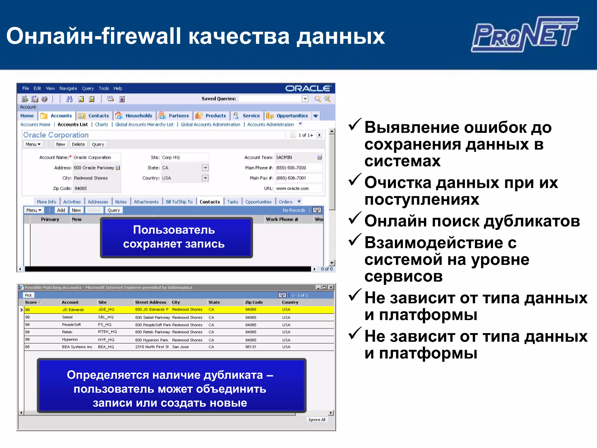 Онлайн-firewall качества данных


                                        Выявление ошибок до
                                         сохранения данных в
                                         системах
                                        Очистка данных при их
                                         поступлениях
             Пользователь
                                        Онлайн поиск дубликатов
            сохраняет запись            Взаимодействие с
                                         системой на уровне
                                         сервисов
                                        Не зависит от типа данных
                                         и платформы
                                        Не зависит от типа данных
                                         и платформы
    Определяется наличие дубликата –
     пользователь может объединить
        записи или создать новые
 
