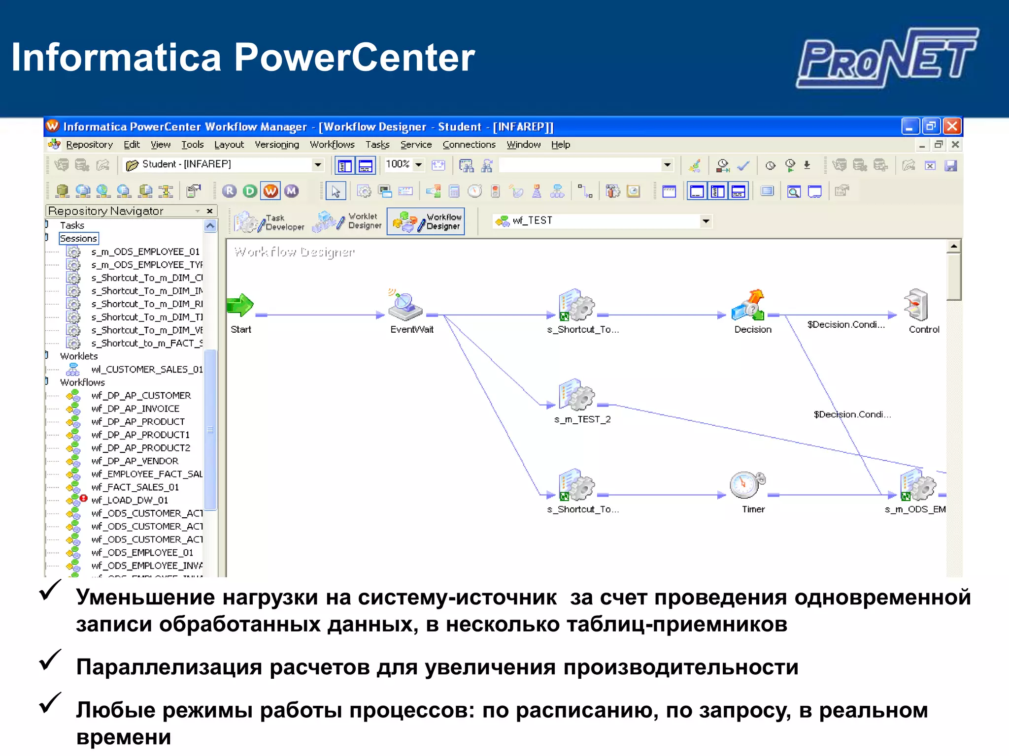 Informatica PowerCenter




    Уменьшение нагрузки на систему-источник за счет проведения одновременной
     записи обработанных данных, в несколько таблиц-приемников
    Параллелизация расчетов для увеличения производительности
    Любые режимы работы процессов: по расписанию, по запросу, в реальном
     времени
 