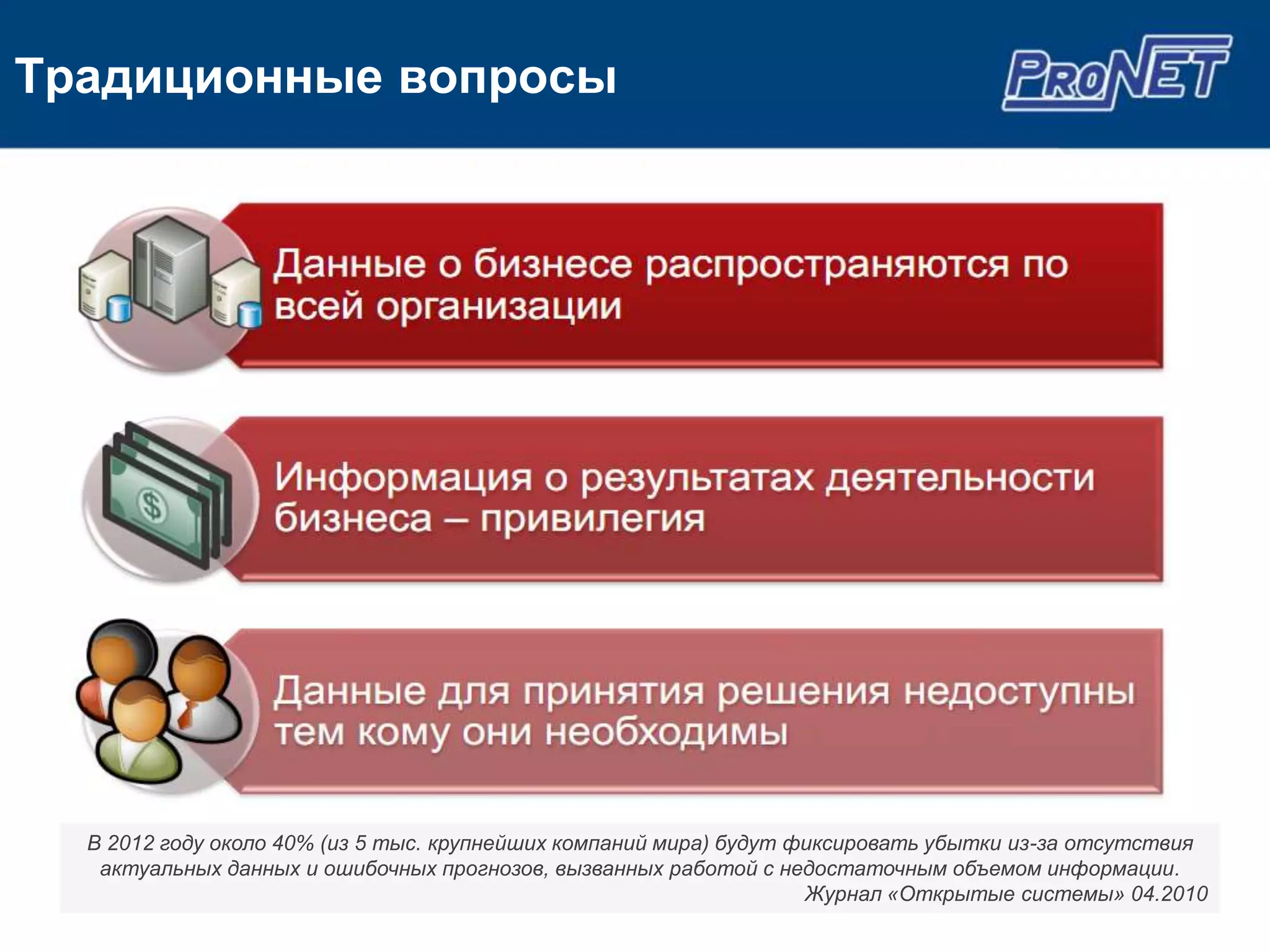 Традиционные вопросы




  В 2012 году около 40% (из 5 тыс. крупнейших компаний мира) будут фиксировать убытки из-за отсутствия
   актуальных данных и ошибочных прогнозов, вызванных работой с недостаточным объемом информации.
                                                                    Журнал «Открытые системы» 04.2010
 