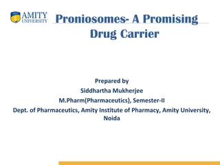 Proniosomes- A Promising
Drug Carrier
Prepared by
Siddhartha Mukherjee
M.Pharm(Pharmaceutics), Semester-II
Dept. of Pharmaceutics, Amity Institute of Pharmacy, Amity University,
Noida
 