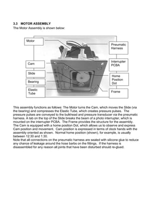 3.3 MOTOR ASSEMBLY
The Motor Assembly is shown below:
Motor
Cam
Slide
Bearing
Elastic
Tube
Pneumatic
Harness
Interrupter
PCBA
Frame
Home
Position
Dot
This assembly functions as follows: The Motor turns the Cam, which moves the Slide (via
the bearing) and compresses the Elastic Tube, which creates pressure pulses. The
pressure pulses are conveyed to the bulkhead and pressure transducer via the pneumatic
harness. A tab on the top of the Slide breaks the beam of a photo interrupter, which is
mounted on the interrupter PCBA. The Frame provides the structure for the assembly.
The Cam is equipped with a home position Dot, which allows us to observe and express
Cam position and movement. Cam position is expressed in terms of clock hands with the
assembly oriented as shown. Normal home position (shown), for example, is usually
between 12:30 and 1:30.
Note that all connections on the pneumatic harness are sealed with silicone glue to reduce
any chance of leakage around the hose barbs on the fittings. If the harness is
disassembled for any reason all joints that have been disturbed should re-glued.
 