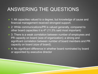 ANSWERING THE QUESTIONS
 1: All capacities valued to a degree, but knowledge of cause and
financial management received strongest support.
 2: While communications/PR is valued generally, compared to
other board capacities it is 4th (11.5% said most important)
 3: There is a weak correlation between number of employees and
PR capacity on board (size of organization); a strong and
significant correlation between number of board members and PR
capacity on board (size of board).
 4: No significant difference in whether board nominated by board
or appointed by executive director
 