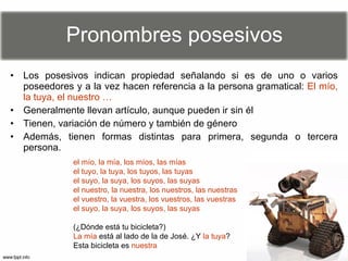 Pronombres posesivos Los posesivos indican propiedad señalando si es de uno o varios poseedores y a la vez hacen referencia a la persona gramatical:  El mío, la tuya, el nuestro … Generalmente llevan artículo, aunque pueden ir sin él Tienen, variación de número y también de género Además, tienen formas distintas para primera, segunda o tercera persona. el mío, la mía, los míos, las mías el tuyo, la tuya, los tuyos, las tuyas el suyo, la suya, los suyos, las suyas el nuestro, la nuestra, los nuestros, las nuestras el vuestro, la vuestra, los vuestros, las vuestras el suyo, la suya, los suyos, las suyas (¿Dónde está tu bicicleta?) La mía   está al lado de la de José. ¿Y   la tuya ? Esta bicicleta es   nuestra 