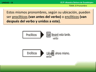 Estos mismos pronombres, según su ubicación, pueden
ser proclíticos (van antes del verbo) o enclíticos (van
después del verbo y unidos a este).
UNIDAD – IX
TEMA: El Pronombre
I.E.P «Nuestra Señora de Guadalupe»
Lo esta tarde.llevaré
Llévalo ahora mismo.
Proclíticos
Enclíticos
 