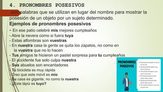4. PRONOMBRES POSESIVOS
son palabras que se utilizan en lugar del nombre para mostrar la
posesión de un objeto por un sujeto determinado.
Ejemplos de pronombres posesivos
- En ese patio celebré mis mejores cumpleaños
- Abre la nevera como si fuera tuya
- Estas alfombras son vuestras
- En nuestra casa la gente se quita los zapatos, no como en
la vuestra que no lo hacen
- Tus amigos te hicieron un pastel sorpresa para tu cumpleaños
- El accidente fue solo culpa nuestra
- Sus abuelos son encantadores
- Tu bicicleta es muy rápida
- Creo que este móvil es mío
- Su casa es gigante, no como la nuestra
- ¿Este lápiz es tuyo?
 