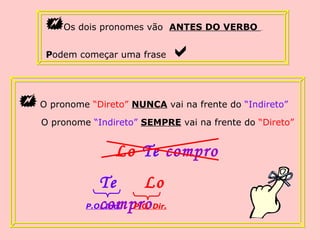  O pronome “Direto” NUNCA vai na frente do “Indireto”
O pronome “Indireto” SEMPRE vai na frente do “Direto”
Lo Te compro
P.O. Ind.
Te Lo
comproP.O. Dir.
Os dois pronomes vão ANTES DO VERBO
Podem começar uma frase 
 