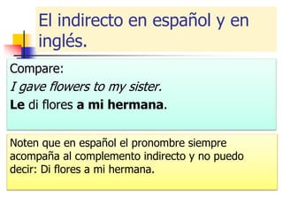 El indirecto en español y en
inglés.
Compare:
I gave flowers to my sister.
Le di flores a mi hermana.
Noten que en español el pronombre siempre
acompaña al complemento indirecto y no puedo
decir: Di flores a mi hermana.
 