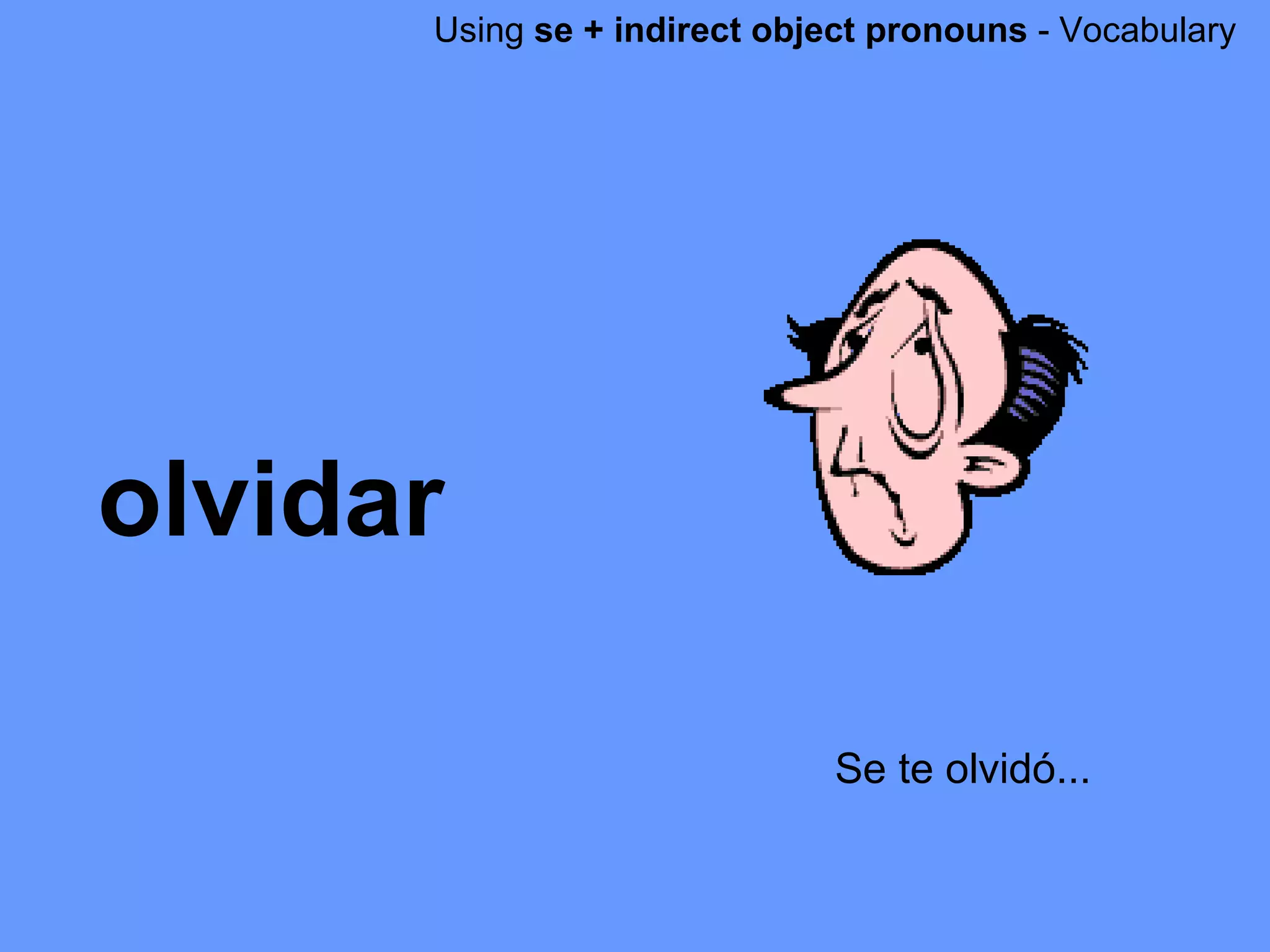 Using  se + indirect object pronouns  - Vocabulary olvidar Se te olvid ó... 