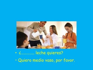 • ¿………….. leche quieres?
• Quiero medio vaso, por favor.