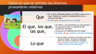 Casos en que se utilizan los diversos
pronombres relativos
Que
El que, los que,
las que,
Lo que
• Es el mas utilizado porque se refiere a personas o
cosa, Puede ser sujeto o complemento de su
cláusula Ejemplo
• El árbol que sembraron era un mango
• Se refiere aun pronombre ya mencionado y
se usan para evitar la repetición del
sustantivo. Ejemplo:
• ¿Compraste el cuaderno de cien hojas?
• No había, el que compré es solo de cincuenta
• Se usa ideas, acciones o conceptos e usa para
referirse a ideas , acciones o conceptos.
Nunca se refiere a sustantivos. Ejemplo:
• Lo que debemos hacer para completar el
trabajo es buscar mas información
 