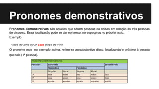 Pronomes demonstrativos
Pronomes demonstrativos são aqueles que situam pessoas ou coisas em relação às três pessoas
do discurso. Essa localização pode se dar no tempo, no espaço ou no próprio texto.
Exemplo:
Você deveria ouvir este disco de vinil.
O pronome este no exemplo acima, refere-se ao substantivo disco, localizando-o próximo à pessoa
que fala (1ª pessoa).
 