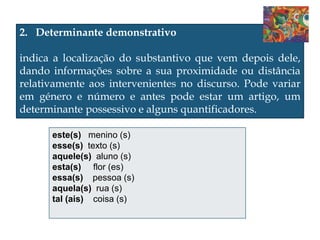 2. Determinante demonstrativo
indica a localização do substantivo que vem depois dele,
dando informações sobre a sua proximidade ou distância
relativamente aos intervenientes no discurso. Pode variar
em género e número e antes pode estar um artigo, um
determinante possessivo e alguns quantificadores.
este(s) menino (s)
esse(s) texto (s)
aquele(s) aluno (s)
esta(s) flor (es)
essa(s) pessoa (s)
aquela(s) rua (s)
tal (ais) coisa (s)
 