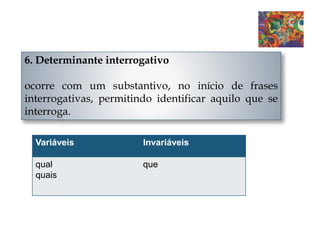 6. Determinante interrogativo
ocorre com um substantivo, no início de frases
interrogativas, permitindo identificar aquilo que se
interroga.
Variáveis Invariáveis
qual
quais
que
 