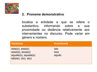 2. Pronome demonstrativo
localiza a entidade a que se refere o
substantivo, informando sobre a sua
proximidade ou distância relativamente aos
intervenientes no discurso. Pode variar em
género e número.
Variáveis Invariáveis
este(s), esta(s)
esse(s), essa(s)
aquele(s), aquela(s)
tal(ais), o(s), a(s)
isto
isso
aquilo
 