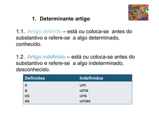 1. Determinante artigo
1.1. Artigo definido – está ou coloca-se antes do
substantivo e refere-se a algo determinado,
conhecido.
1.2. Artigo indefinido – está ou coloca-se antes do
substantivo e refere-se a algo indeterminado,
desconhecido.
Definidos Indefinidos
o
a
os
as
um
uma
uns
umas
 