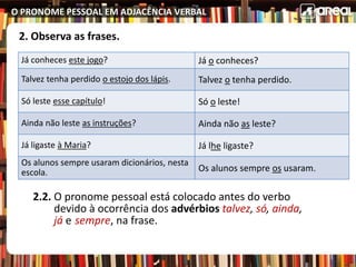 O PRONOME PESSOAL EM ADJACÊNCIA VERBAL
2. Observa as frases.
2.2. O pronome pessoal está colocado antes do verbo
devido à ocorrência dos advérbios talvez, só, ainda,
já e sempre, na frase.
Já conheces este jogo? Já o conheces?
Talvez tenha perdido o estojo dos lápis. Talvez o tenha perdido.
Só leste esse capítulo! Só o leste!
Ainda não leste as instruções? Ainda não as leste?
Já ligaste à Maria? Já lhe ligaste?
Os alunos sempre usaram dicionários, nesta
escola. Os alunos sempre os usaram.
 