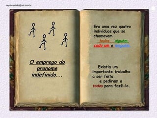 neydecastello@uol.com.br




                                       Era uma vez quatro
                                       indivíduos que se
                                       chamavam
                                          todos,  alguém,
                                       cada um e ninguém.



                      O emprego do
                        pronome          Existia um
                                      importante trabalho
                      indefinido...   a ser feito,
                                          e pediram a
                                      todos para fazê-lo.

                                         
 